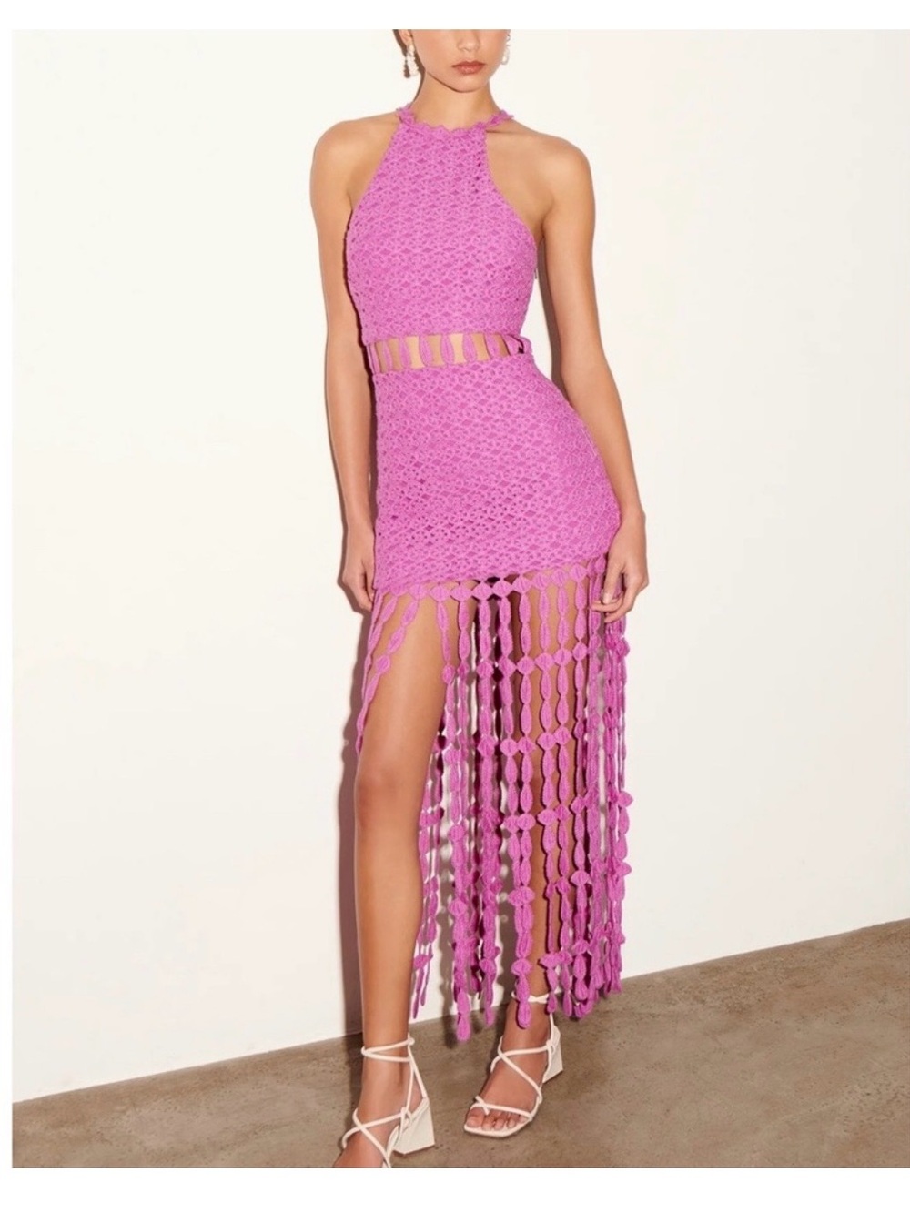 SAYLOR Magenta Crochet Fringe Halter Maxi Dress
